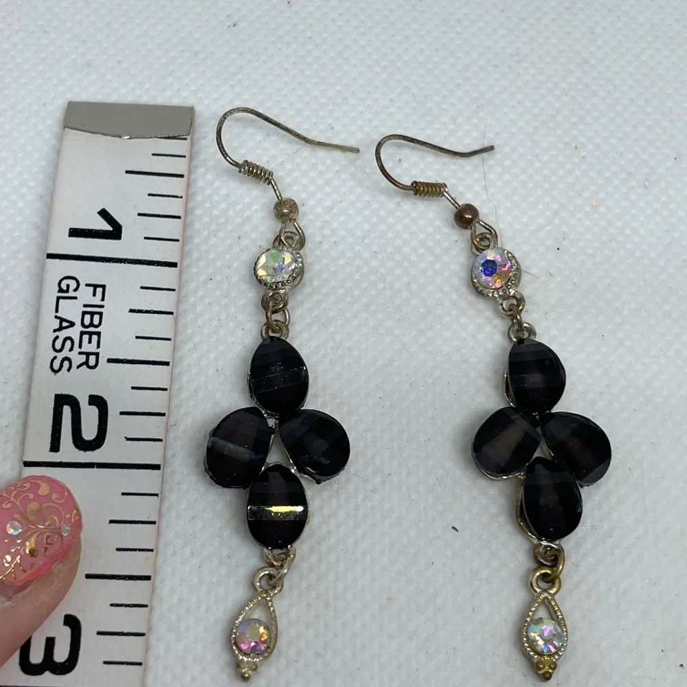 Crystal black stone earrings costume jewelry dangle light weight 3x1 inches appx - Picture 3 of 5